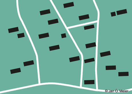 Übliche West-Ost-Ausrichtung der Geesthardenhäuser und Katen eines Dorfes am Geestrand (Almdorf).